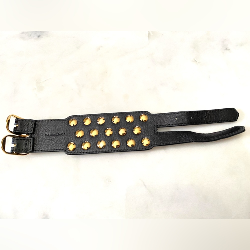 BALENCIAGA 
AGNEAU ARENA BRACELET 
GOLD STUDS / BLACK AGNEAU STRAP - Picture 6 of 9